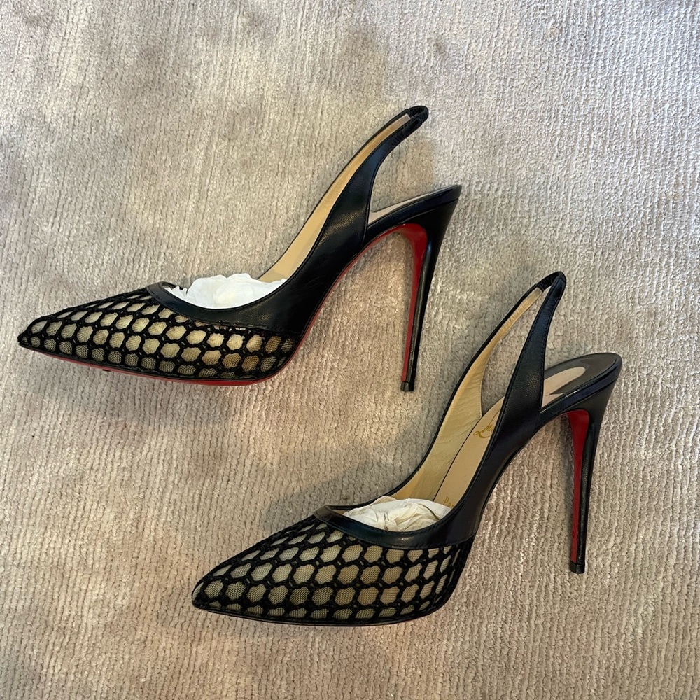 Christian Louboutin Black Leather And Mesh Miluna Slingback Sandals Size 37 - Picture 4 of 8